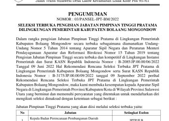Pansel Buka Seleksi Terbuka Pengisian JPT Pratama di Pemkab Bolmong