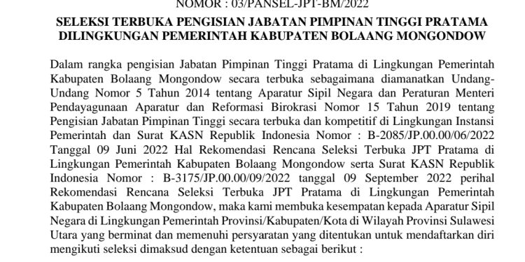 Pansel Buka Seleksi Terbuka Pengisian JPT Pratama di Pemkab Bolmong