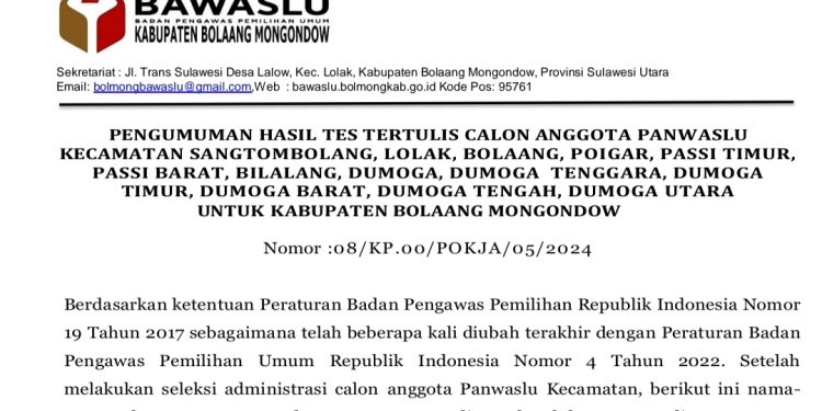 Bawaslu Umumkan Hasil Seleksi Tertulis Calon Panwascam