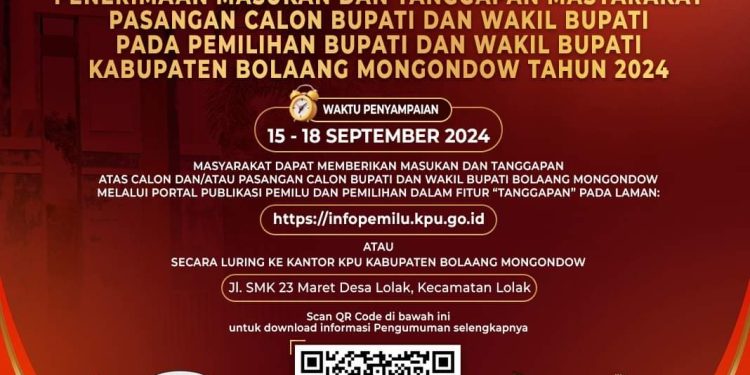 KPU Bolmong Buka Penerimaan Masukan dan Tanggapan Masyarakat Paslon Bupati dan Wakil Bupati