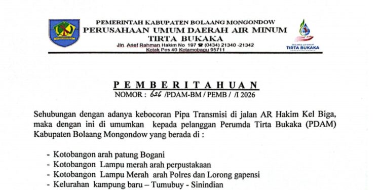 Perumda Tirta Bukaka Umumkan Penghentian Sementara Jalur Kotobangon-Kampung Baru